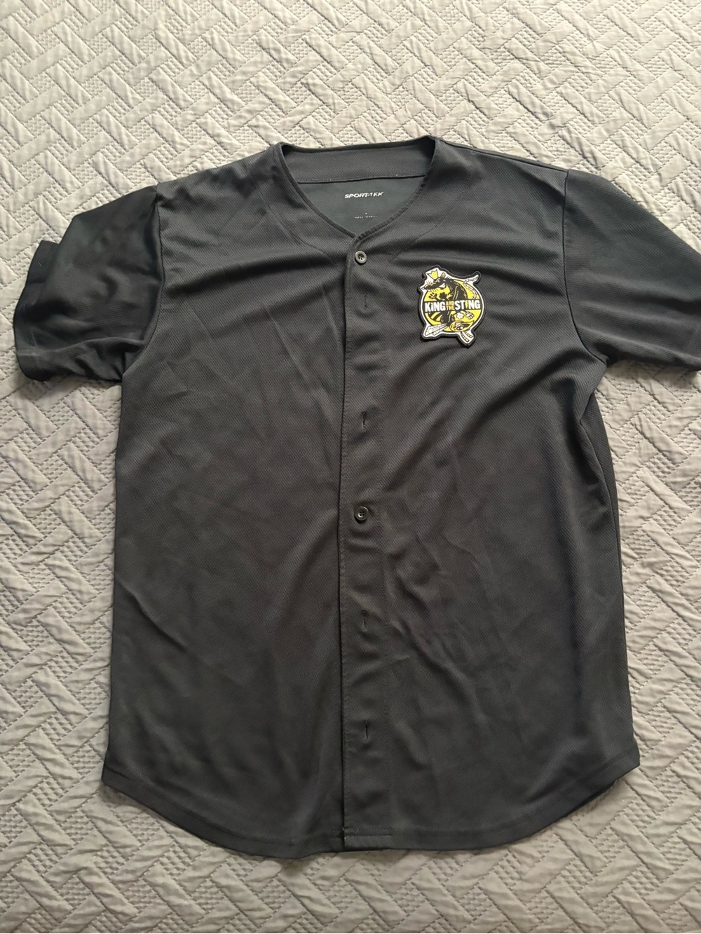 Sport-Tek Black Short-Sleeve Button Baseball Jersey with King Sting Patch